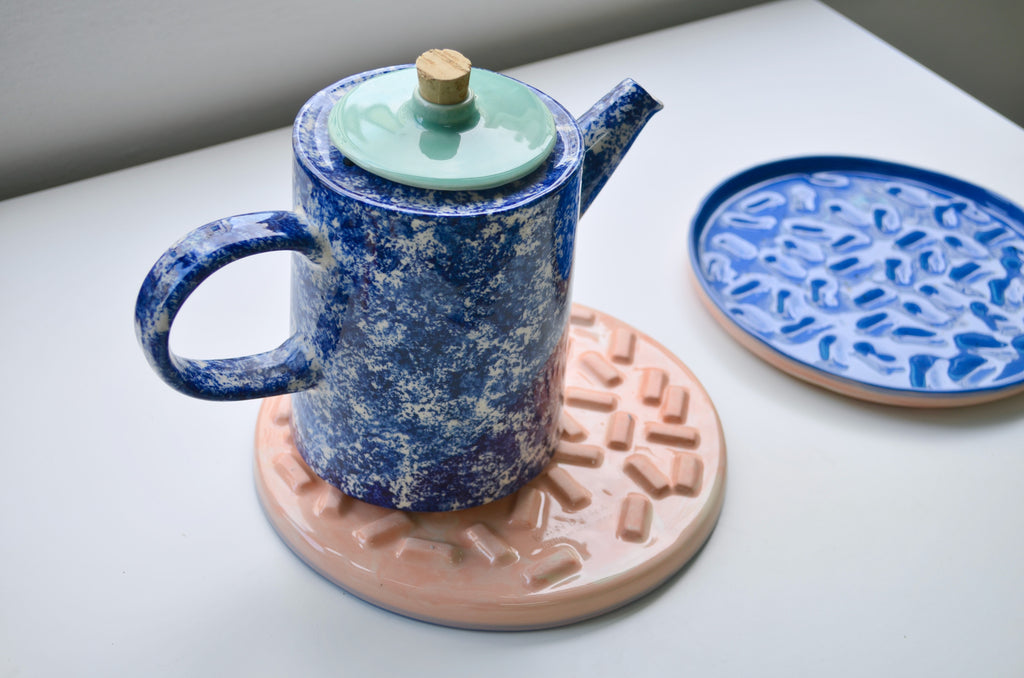 Handcrafted marbling ceramic trivet - handmade tableware, reversible plate